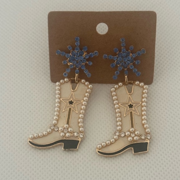 Western Core White Cowboy Boot Statement Earrings Pearl & Blue Crystal Starburst - Picture 7 of 12